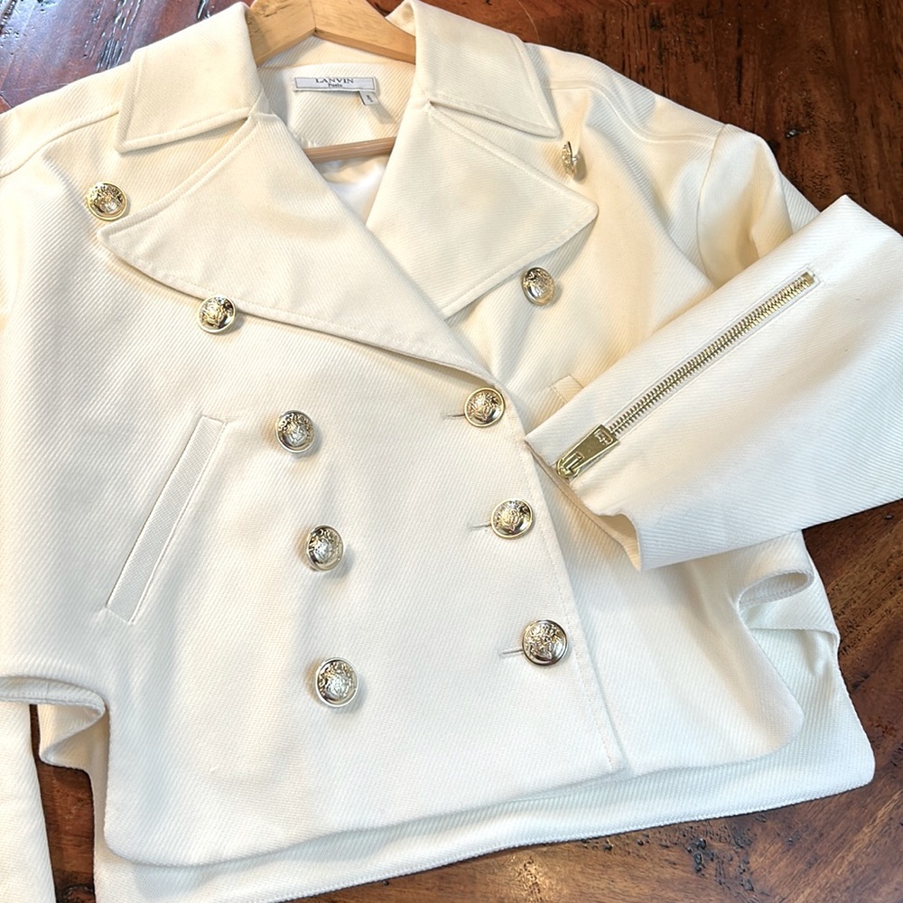 Stunning Lanvin jacket with gold buttons and zippers on sleeves. Made in Italy